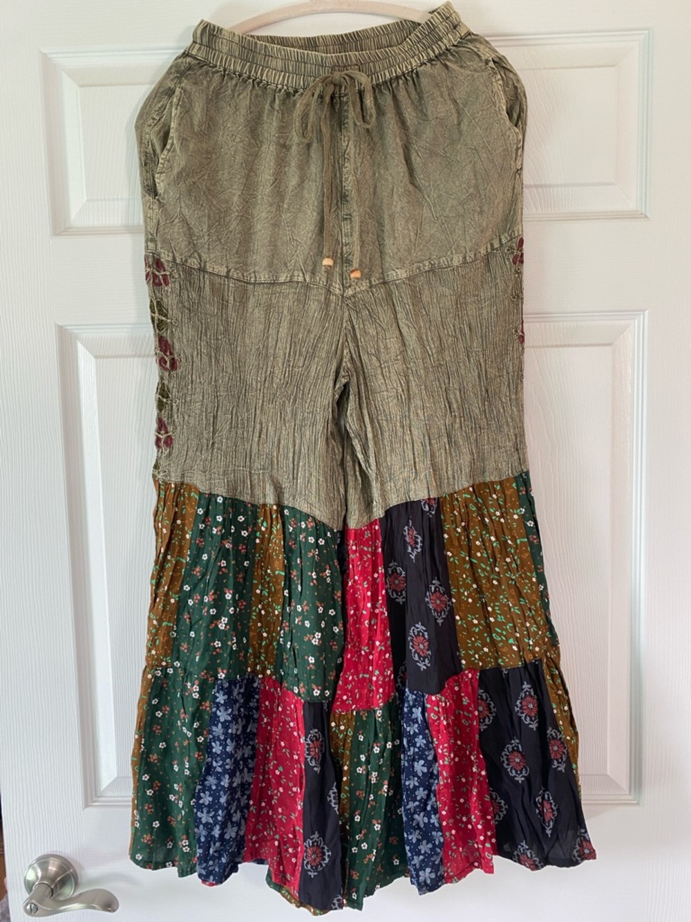 Boho Patchwork Wide-Leg Pants in Olive with Multicolor Panels